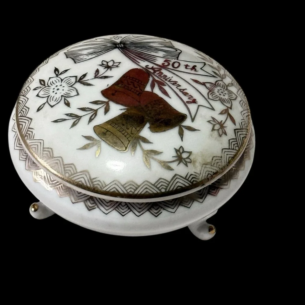 Vtg MCM Norcrest Fine China 50th Anniversary Footed Trinket Box Gold & White‎